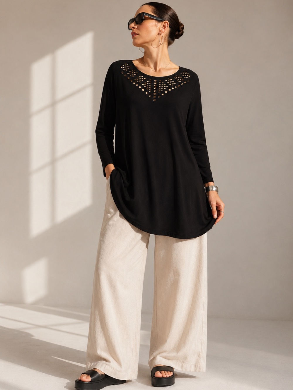 Sympli Black Laser Cut Tunic Top Size 8 Made in Canada